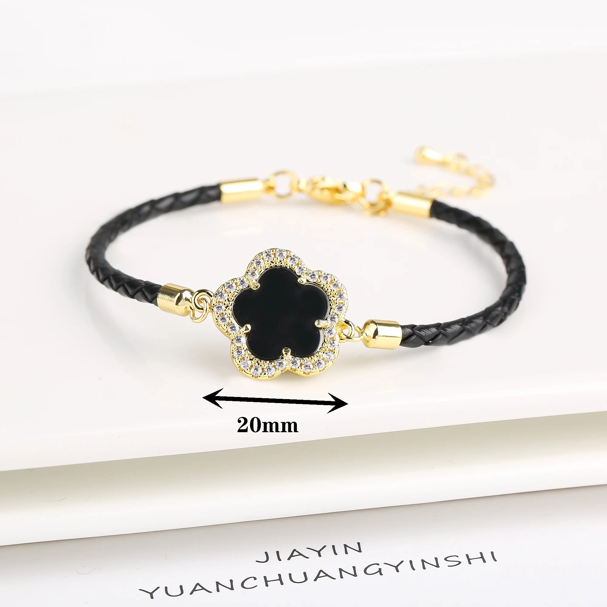 Elegant Leather Stone Flower Charm Bracelet
