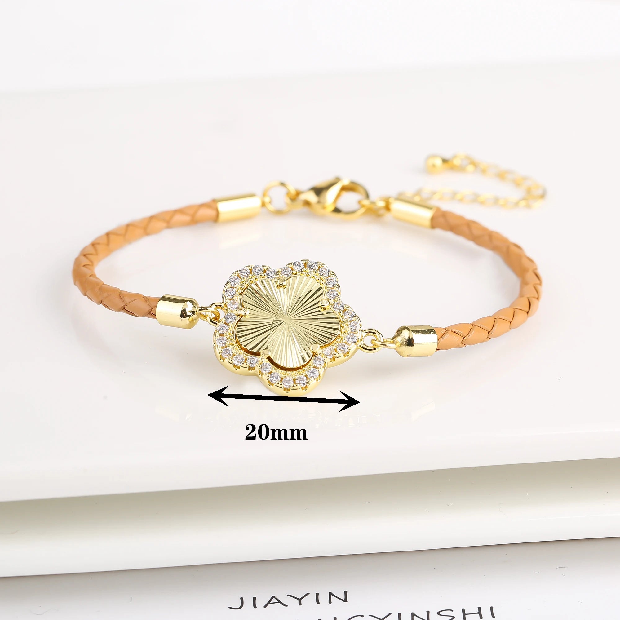 Elegant Leather Stone Flower Charm Bracelet