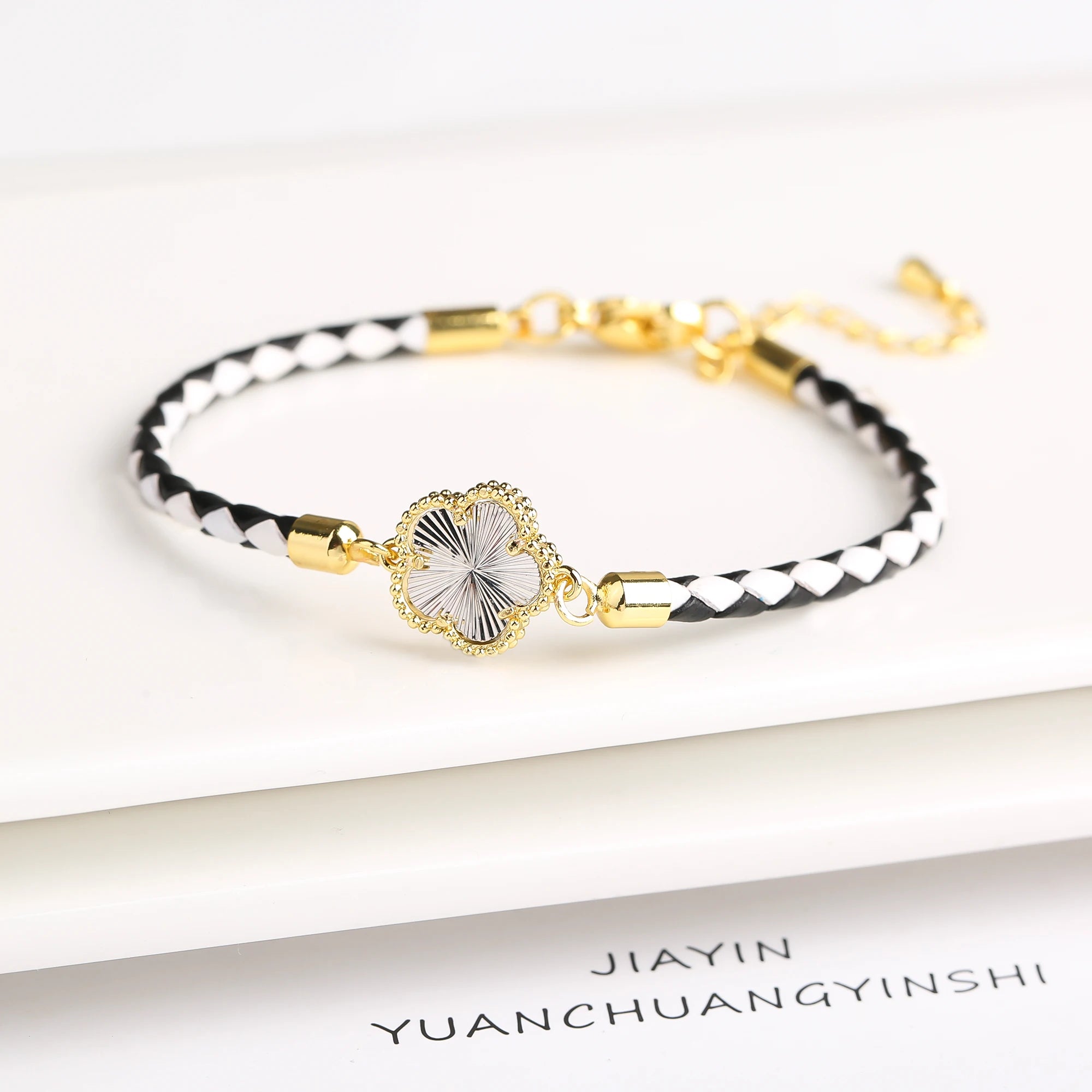 Elegant Leather Stone Flower Charm Bracelet