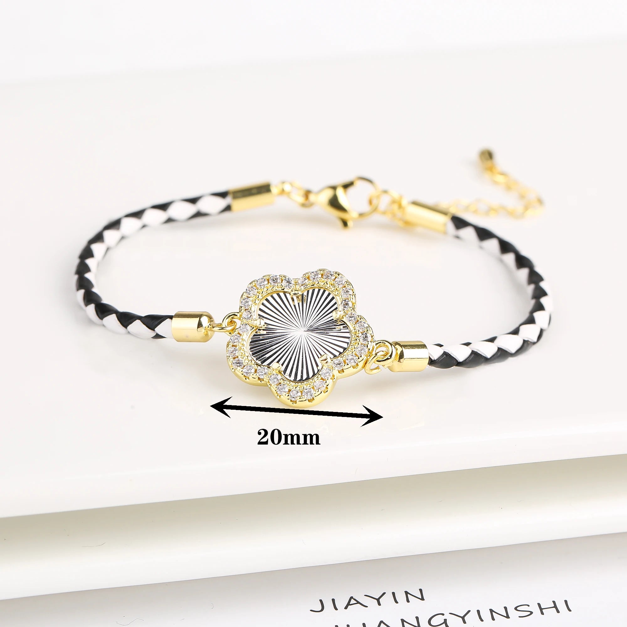 Elegant Leather Stone Flower Charm Bracelet