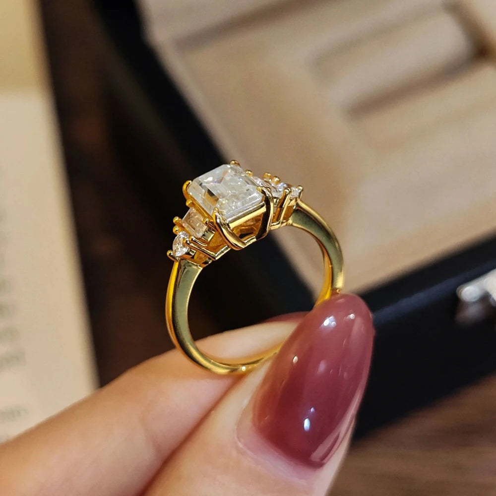 BXINY 2CT Emerald Cut Moissanite Rings S925 Silver 18K Gold Plated GRA Certified Lab Diamond Wedding Band for Women Gift Jewelry