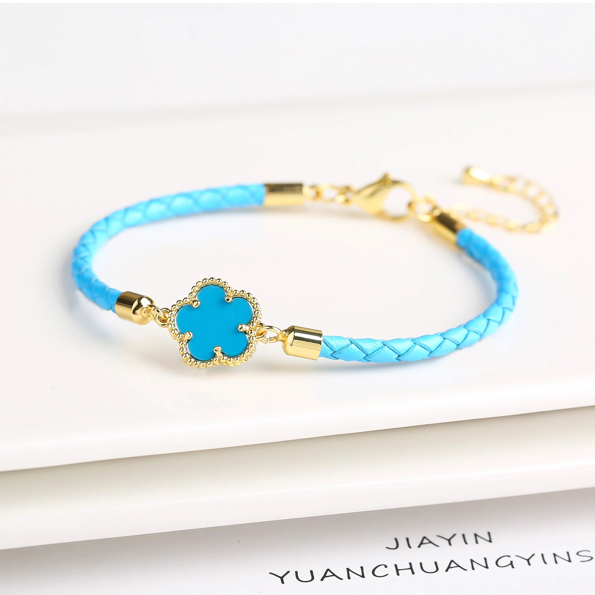 Elegant Leather Stone Flower Charm Bracelet
