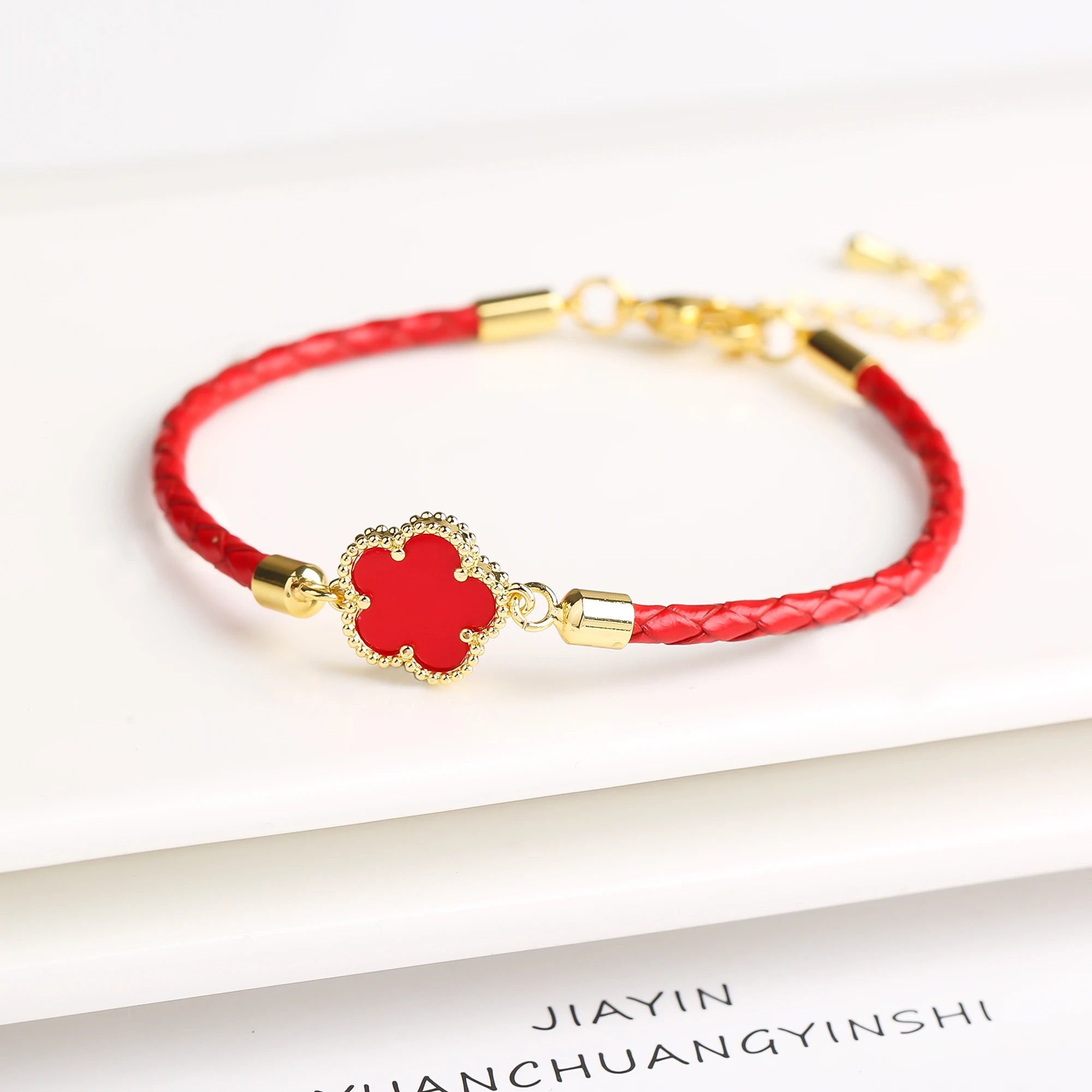 Elegant Leather Stone Flower Charm Bracelet