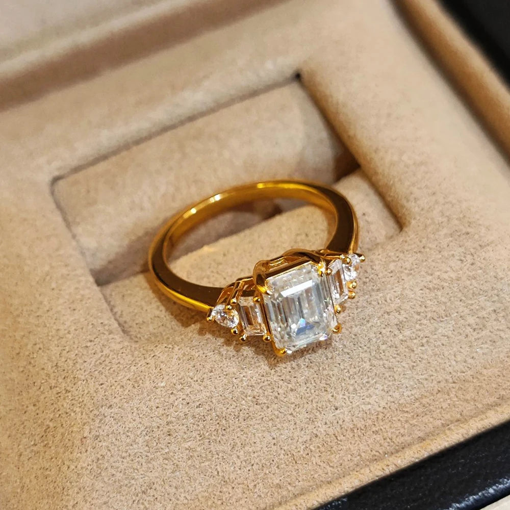 BXINY 2CT Emerald Cut Moissanite Rings S925 Silver 18K Gold Plated GRA Certified Lab Diamond Wedding Band for Women Gift Jewelry