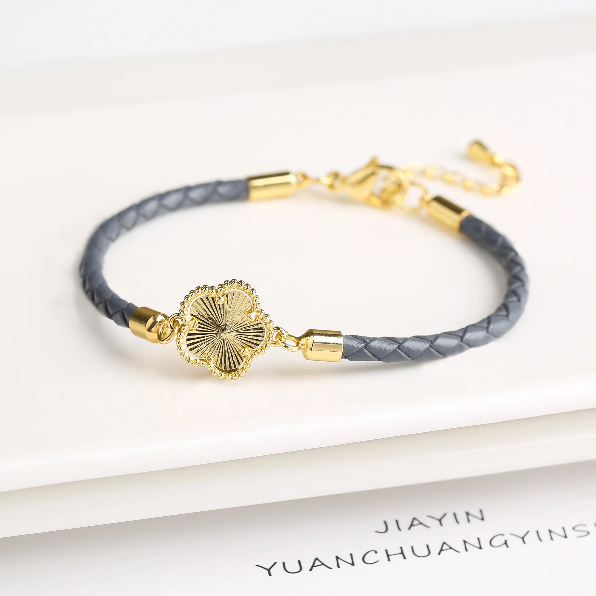 Elegant Leather Stone Flower Charm Bracelet