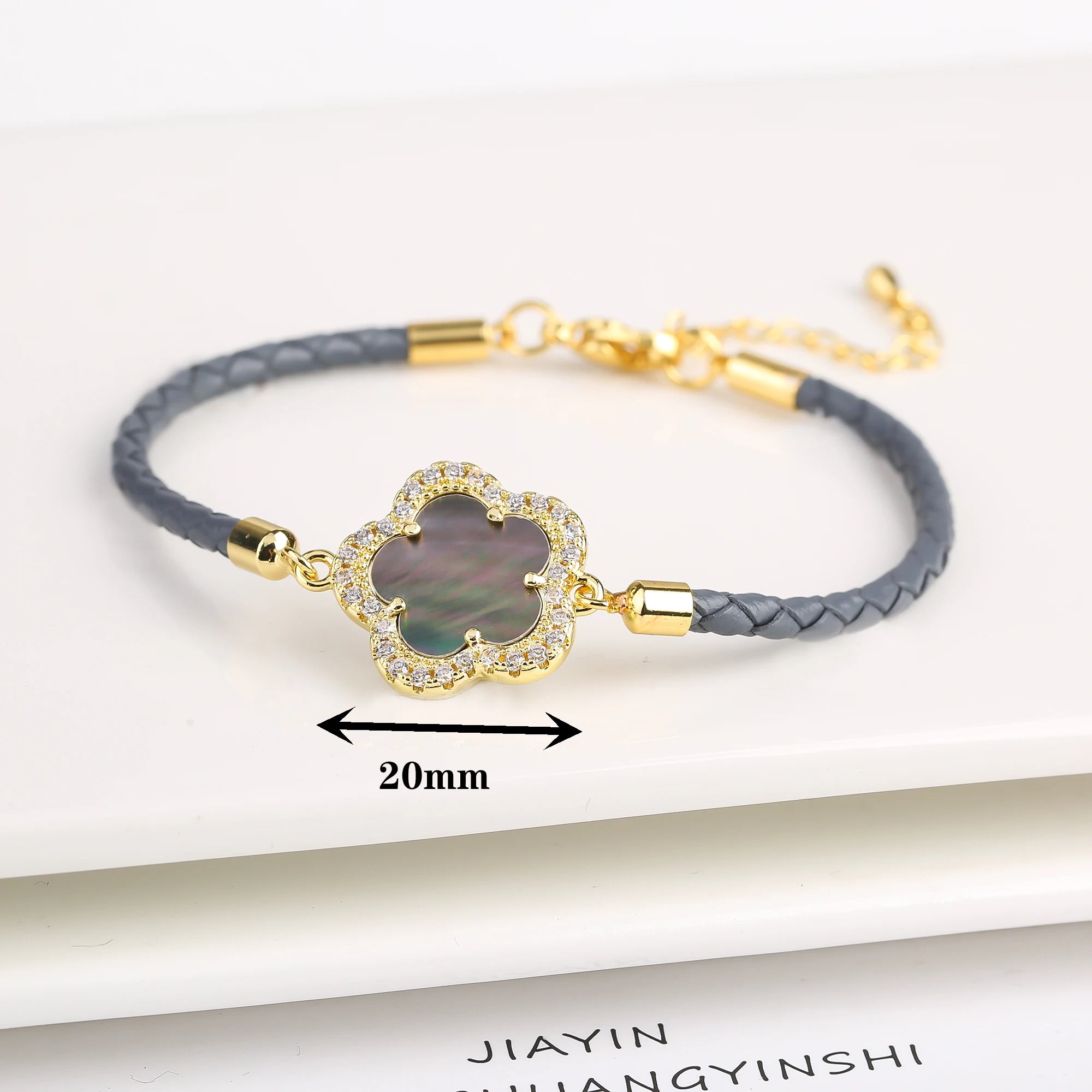 Elegant Leather Stone Flower Charm Bracelet